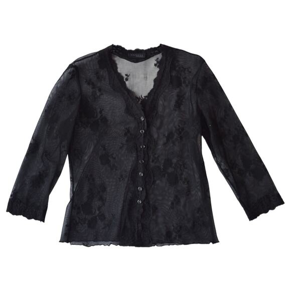 Vintage Y2K Express Sheer Black Mesh Button Up Lace Top Medium - Picture 1 of 5